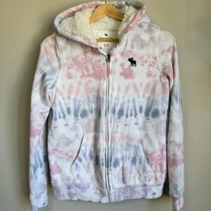 Abercrombie Kids Girls Pink Sherpa Full Zip Hoodie Sweater Tie-Die Hooded